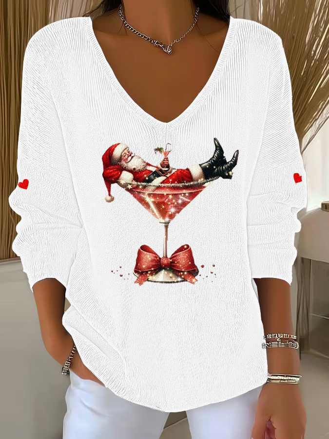 Women’s Santa Claus sitting on a wine glass V-Neck Ribbed Top White / S