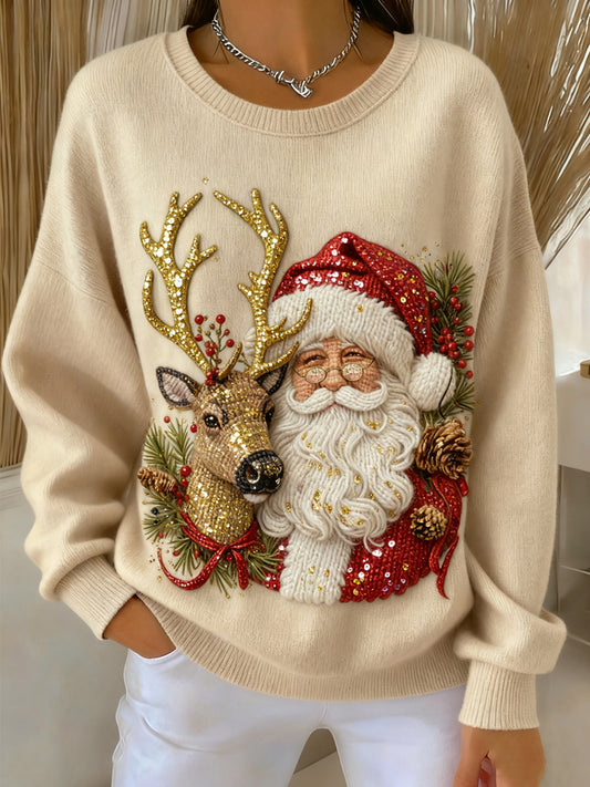 Women's Vintage Santa Reindeer Casual Crewneck Pullover