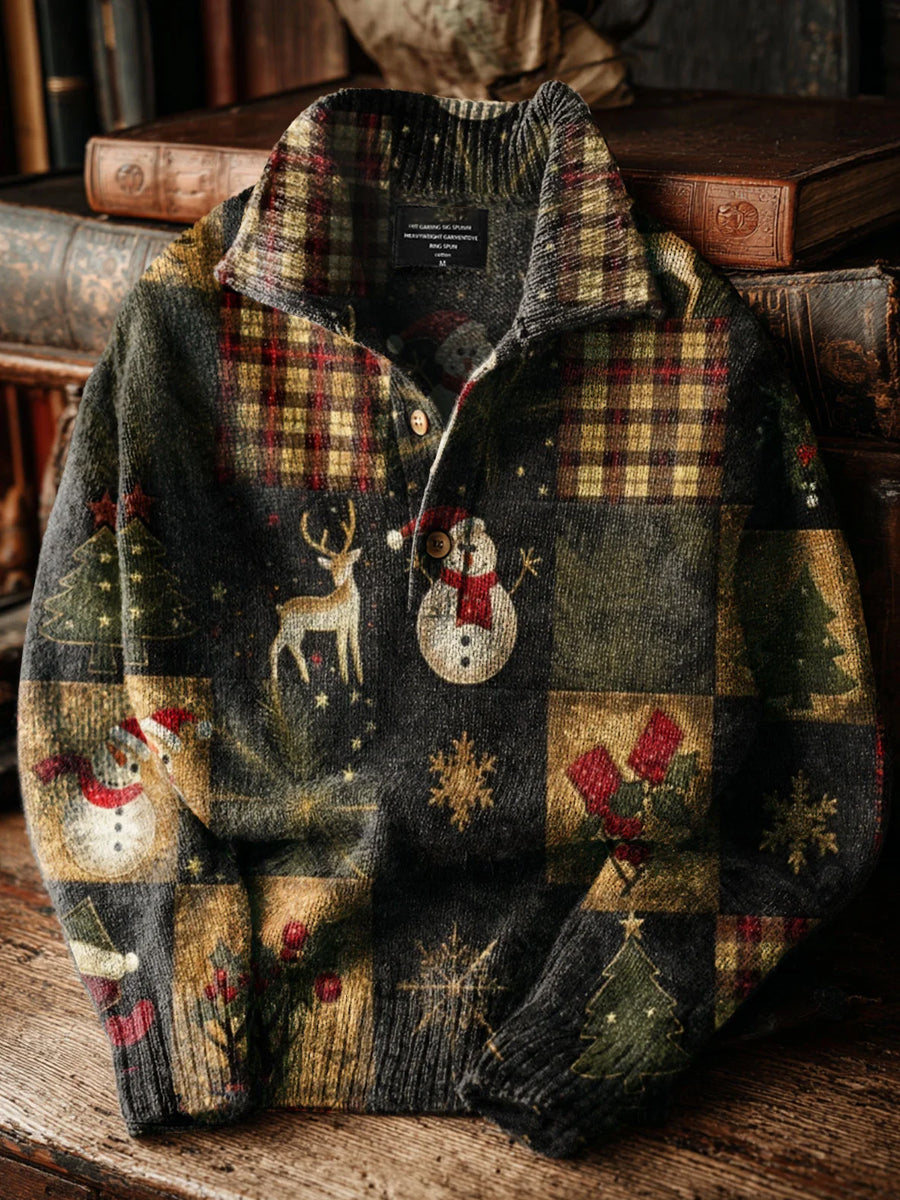 Men's Vintage Christmas Patchwork Art Print Button Stand Collar Hoodie