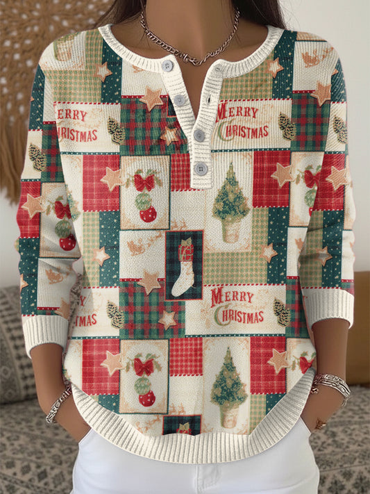 Women's Christmas Puzzle Henley neck sweater