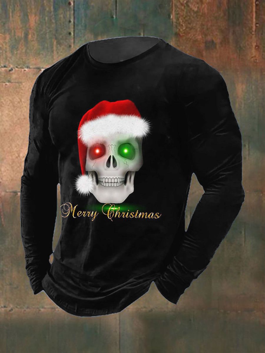 Men's Christmas Skull Printed Long Sleeved Round Neck T-shirt