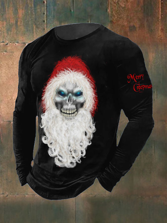 Men's Christmas Skull Printed Long Sleeved Round Neck T-shirt