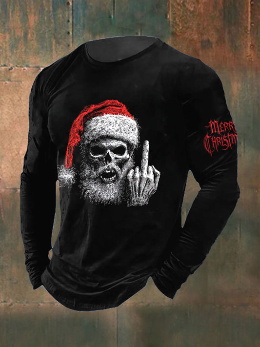 Men's Christmas Skull Printed Long Sleeved Round Neck T-shirt