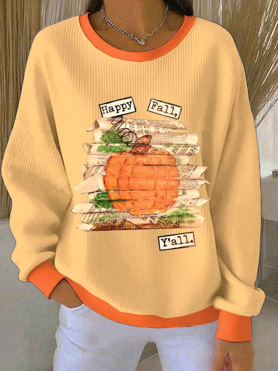 Women's Thanksgiving Pumpkin Patchwork Loose-Fit Crewneck Pullover