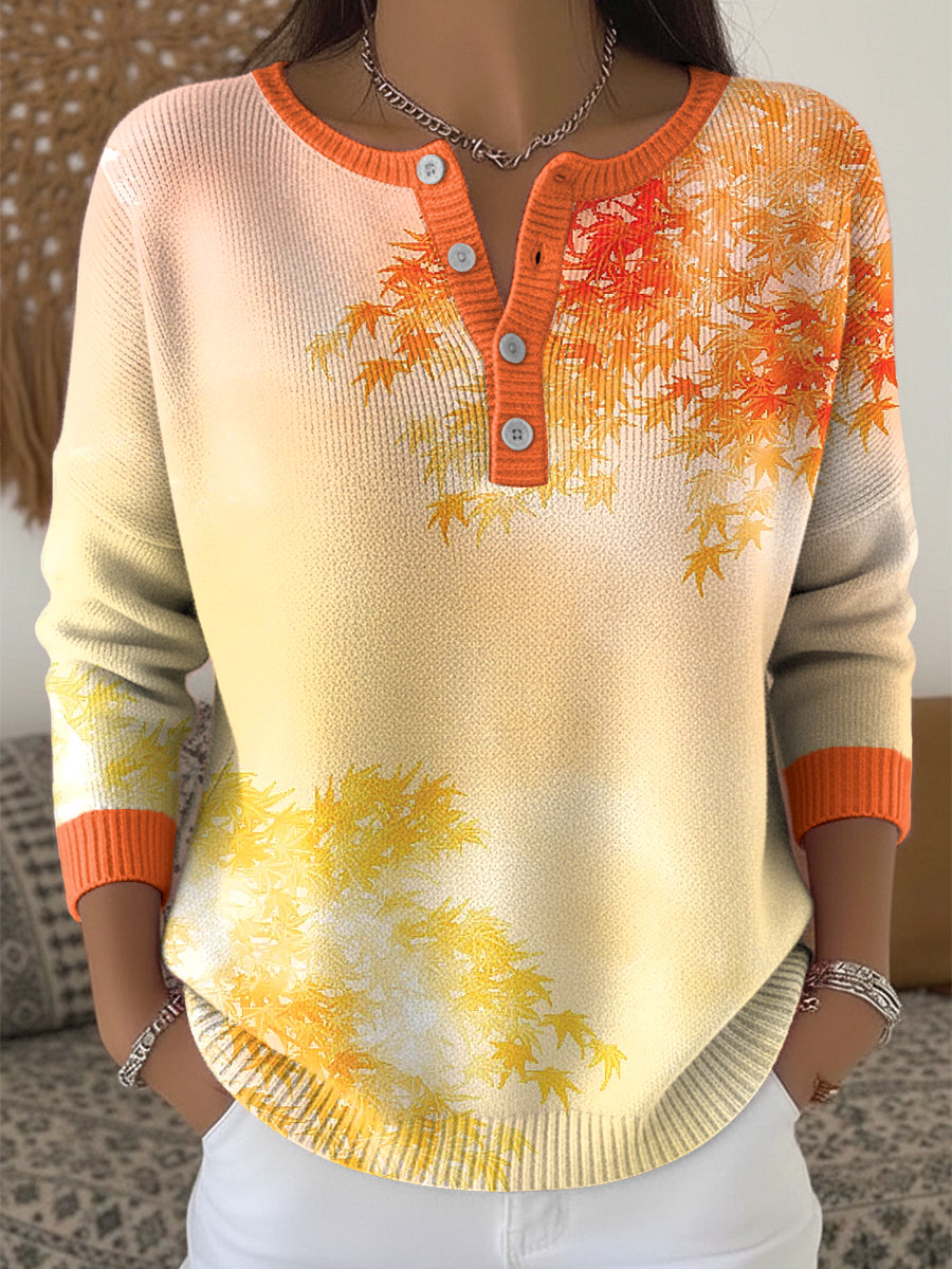 Women's Thanksgiving Vintage Gradient Maple Leaf Art V-Neck Top