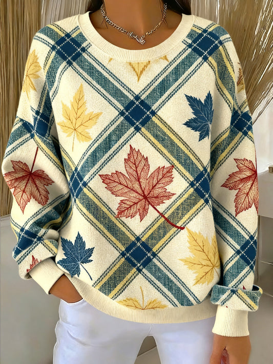 Women's Thanksgiving Maple Leaf Plaid Artistic Crew Neck Pullover