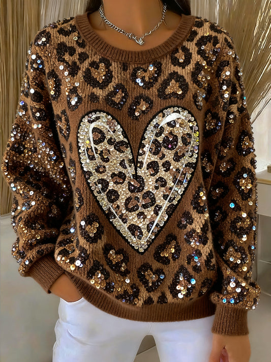 Women's Thanksgiving Leopard Print Heart Art Crew Neck Pullover