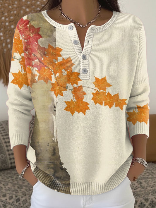Women's Autumn Maple Leaf Henley neck sweater