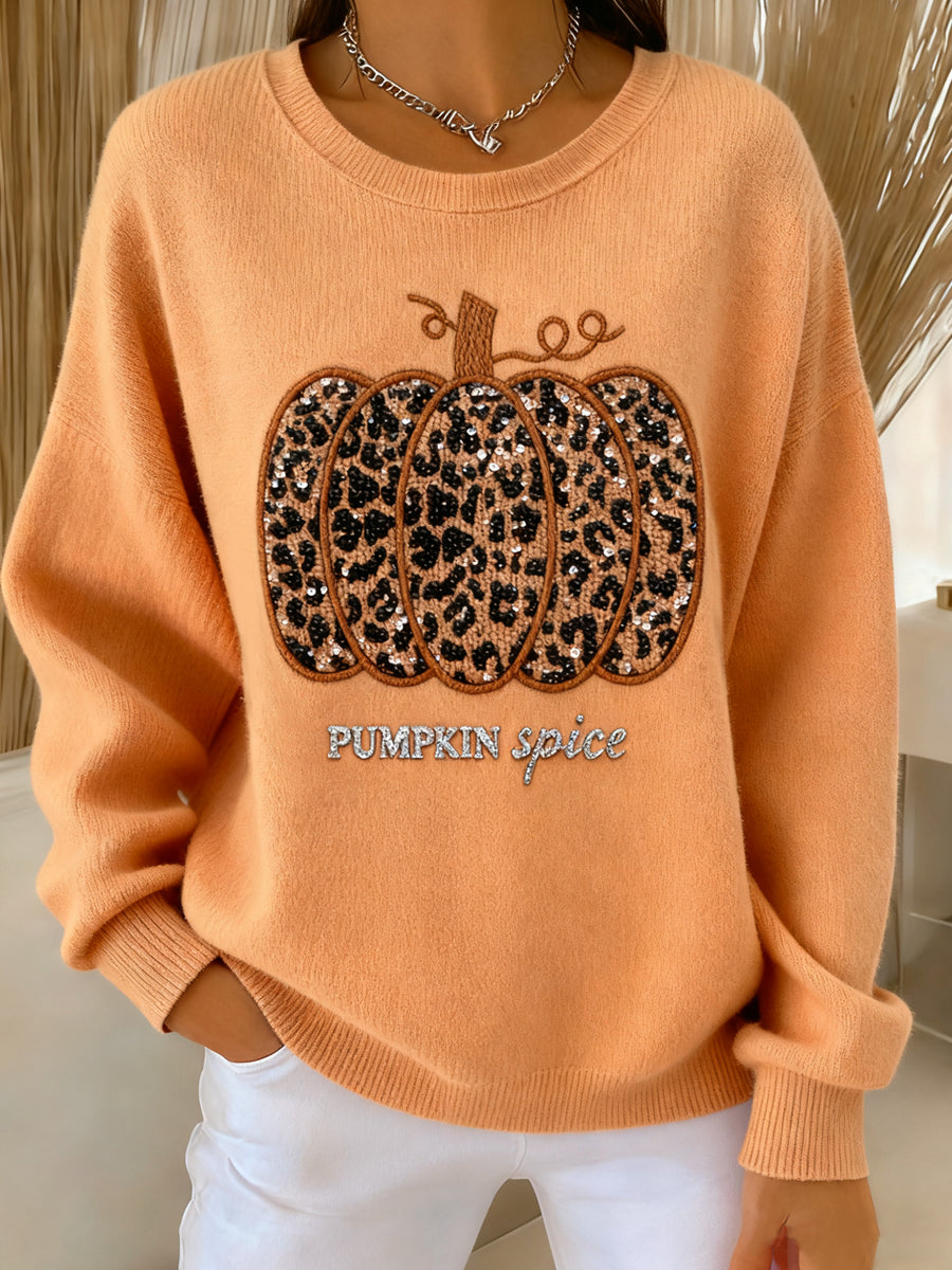 Women's Thanksgiving Leopard Print Pumpkin Art Crewneck Pullover