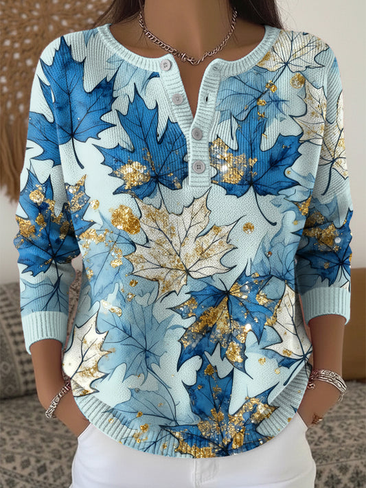 Women's Thanksgiving Colorful Maple Leaf Art V-Neck Top