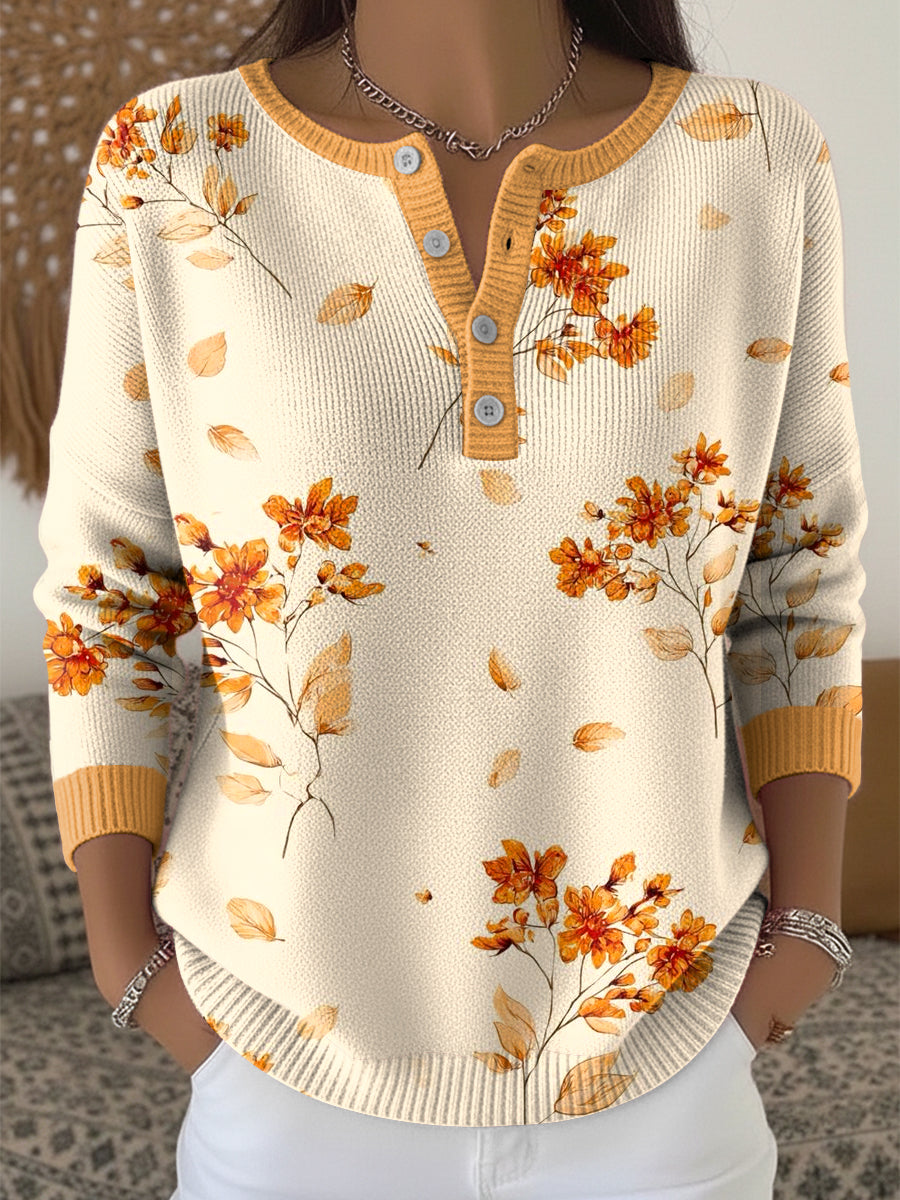 Women's Thanksgiving Vintage Autumn Leaf Art V-Neck Top