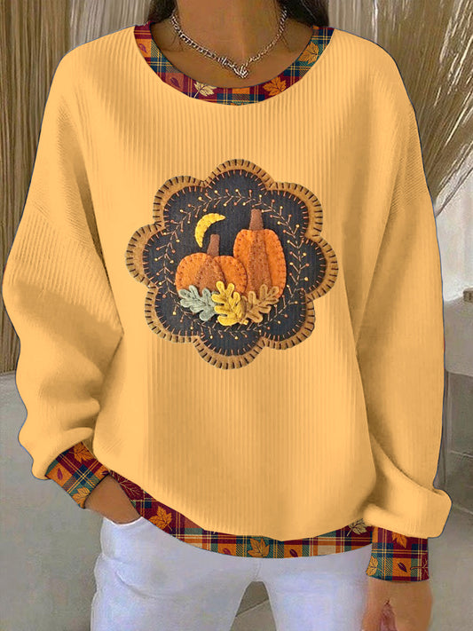 Women's Thanksgiving Creative Patchwork Loose-Fit Crewneck Pullover