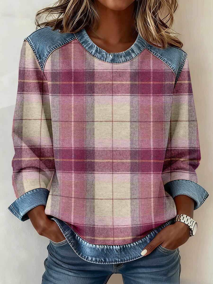 Women's Vintage Plaid Pattern Denim Patchwork Sweatshirt
