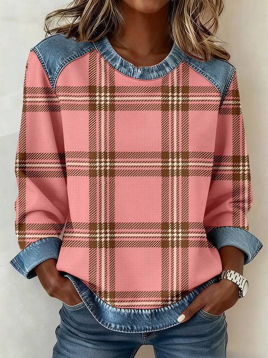 Women's Vintage Plaid Pattern Patchwork Art Sweatshirt