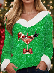 Women’s Santa Claus sitting on a red wine glass with a printed fur collar top Light Green / S