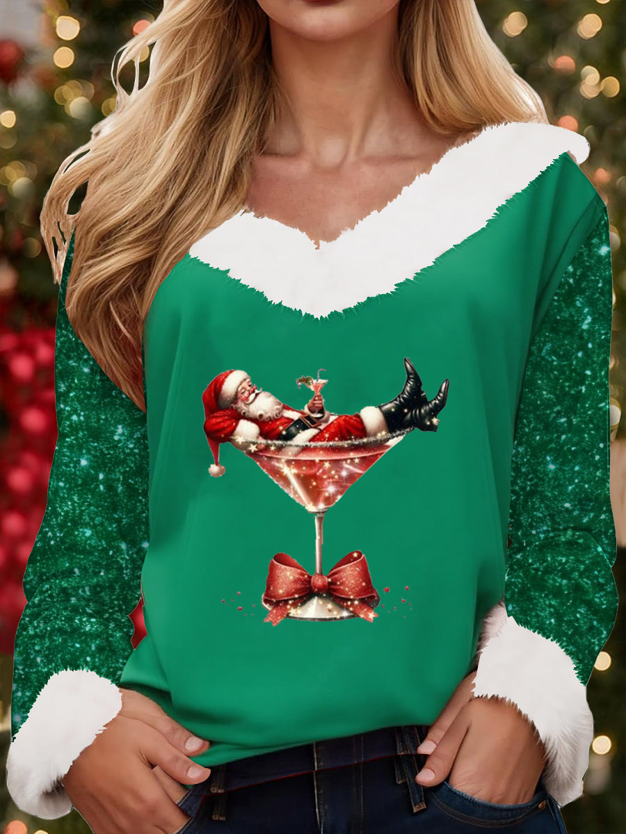 Women’s Santa Claus sitting on a red wine glass with a printed fur collar top Green / S