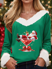 Women’s Santa Claus sitting on a red wine glass with a printed fur collar top Green / S