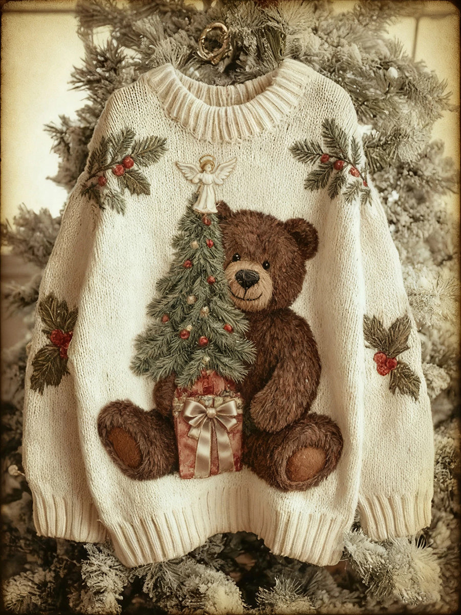 Women’s Vintage Christmas Bear Tree Knitted Sweater As picture / S