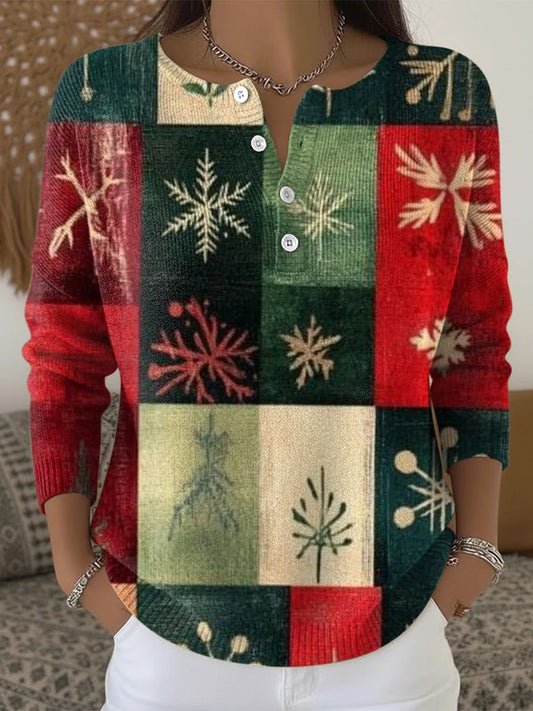 Women's Retro Christmas Multicoloured Tartan Patchwork Long-sleeve Sweater