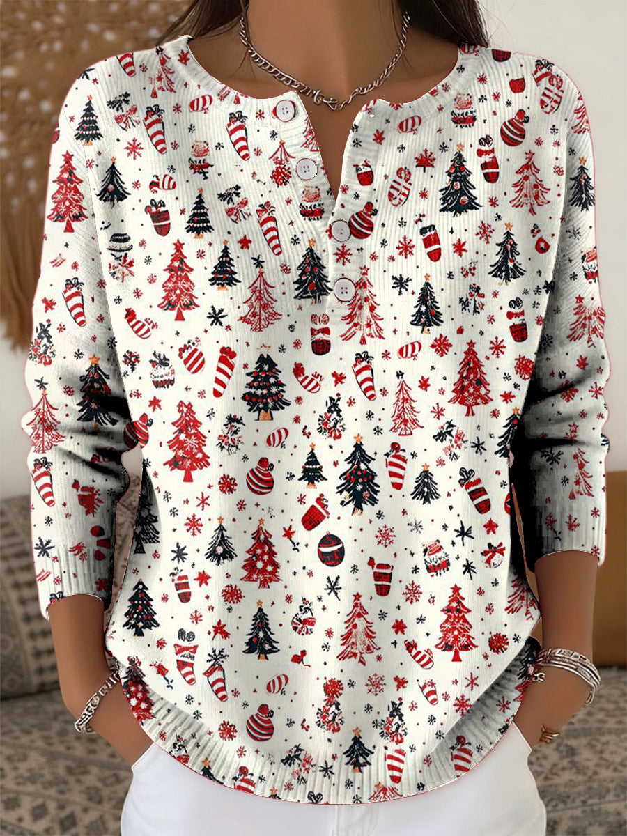 Women’s Vintage Christmas Tree Art Print Long-sleeve Sweater Beige / S