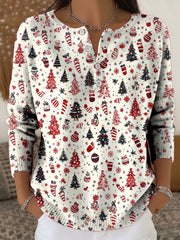 Women’s Vintage Christmas Tree Art Print Long-sleeve Sweater Beige / S