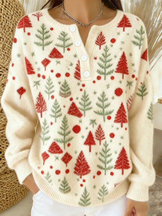 Women's Vintage Christmas Tree Art  Print Long-sleeve Sweater