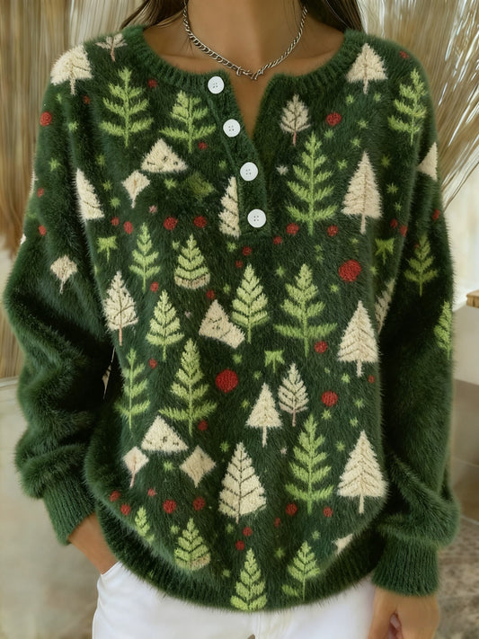 Women's Vintage Christmas Tree Art  Print Long-sleeve Sweater