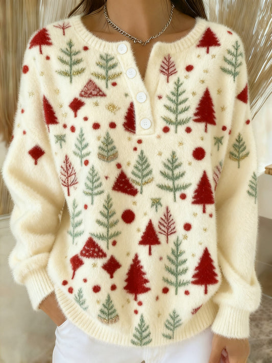 Women's Vintage Christmas Tree Art  Print Long-sleeve Sweater