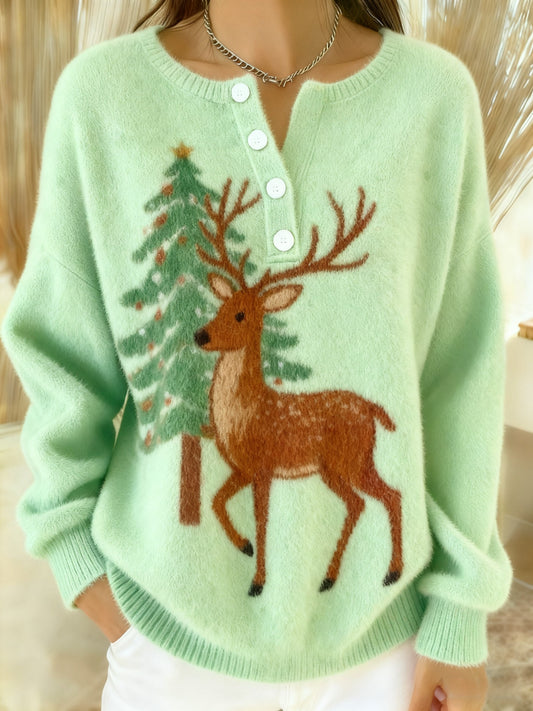 Women's Vintage Christmas Reindeer Print Long-sleeve Sweater