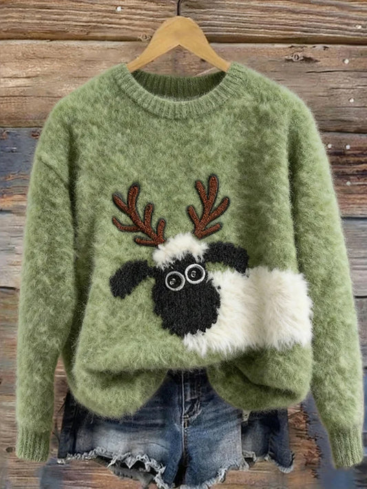 Women's Vintage Christmas Art Print Comfortable Casual Sweater