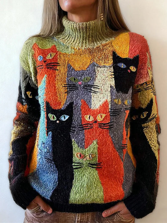 Women's Vintage Colorful Crowded Cats Art Cozy Sweater