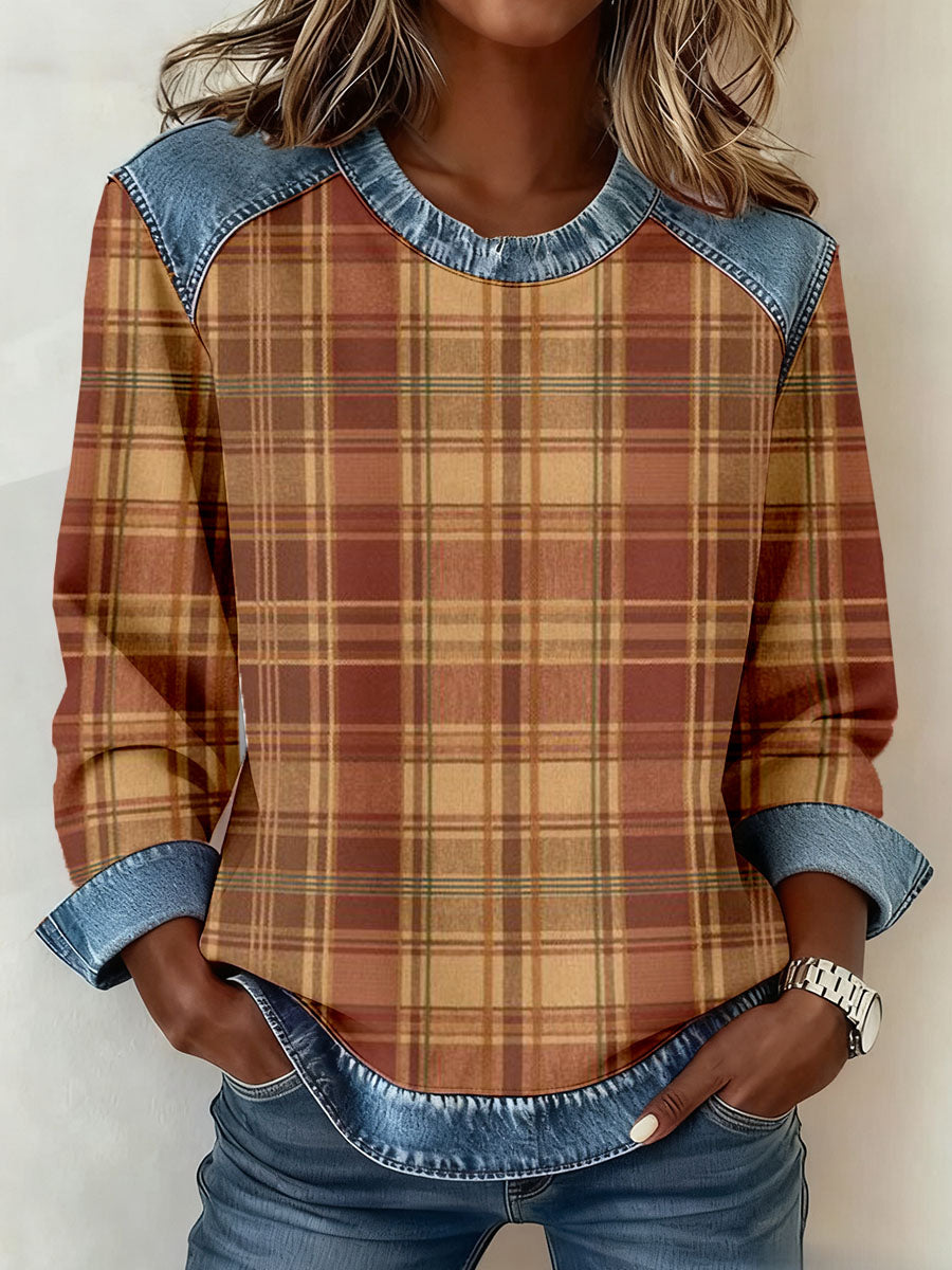 Women's Vintage Plaid Pattern Denim Patchwork Sweatshirt