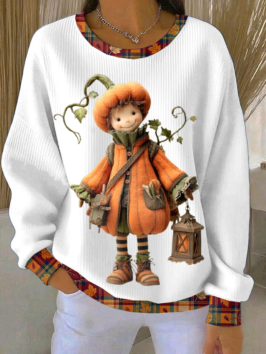 Women's White Thanksgiving Loose-Fit Crewneck Pullover