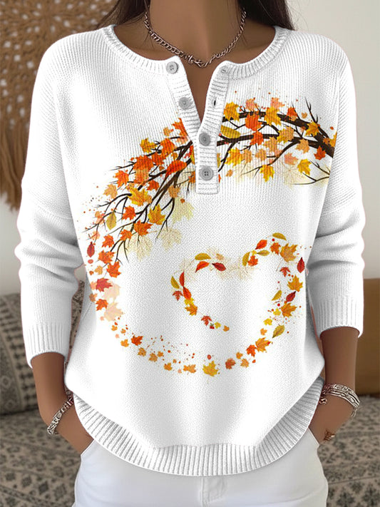 Women's White Maple Leaf Thanksgiving Henley neck sweater