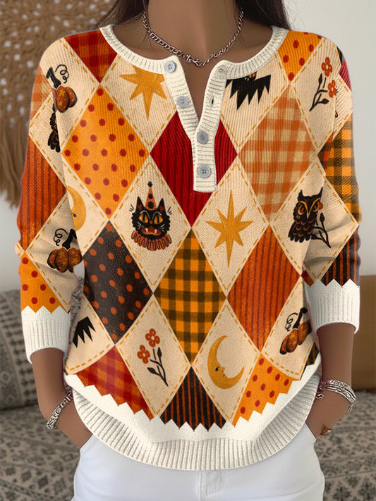 Women's Thanksgiving Diamond Pattern Henley neck sweater