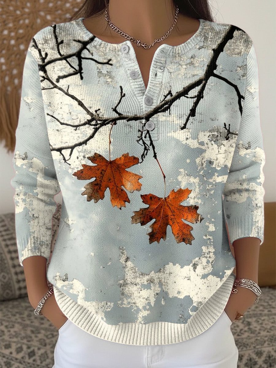 Women's Thanksgiving Maple Leaf Casual Henley neck sweater