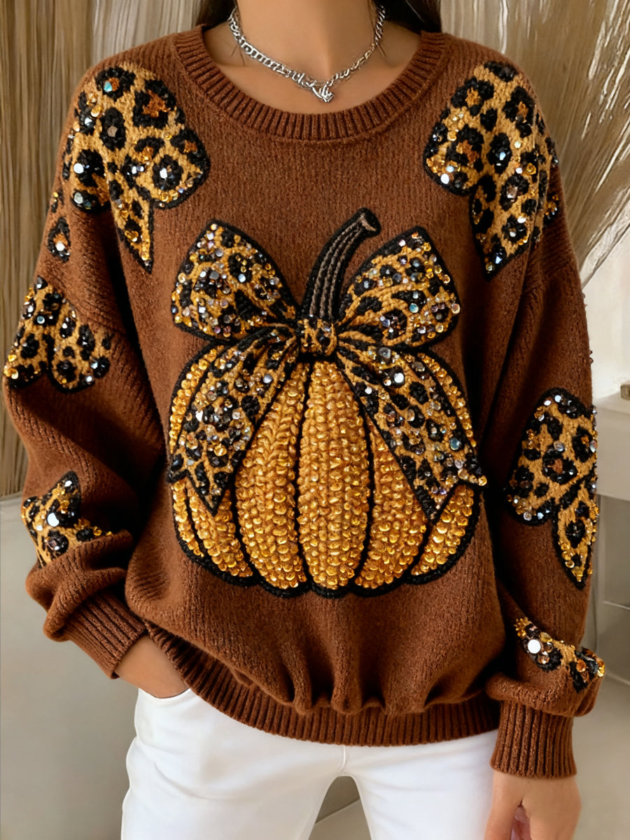 Women's Thanksgiving Leopard Print Pumpkin Crewneck Sweatshirt
