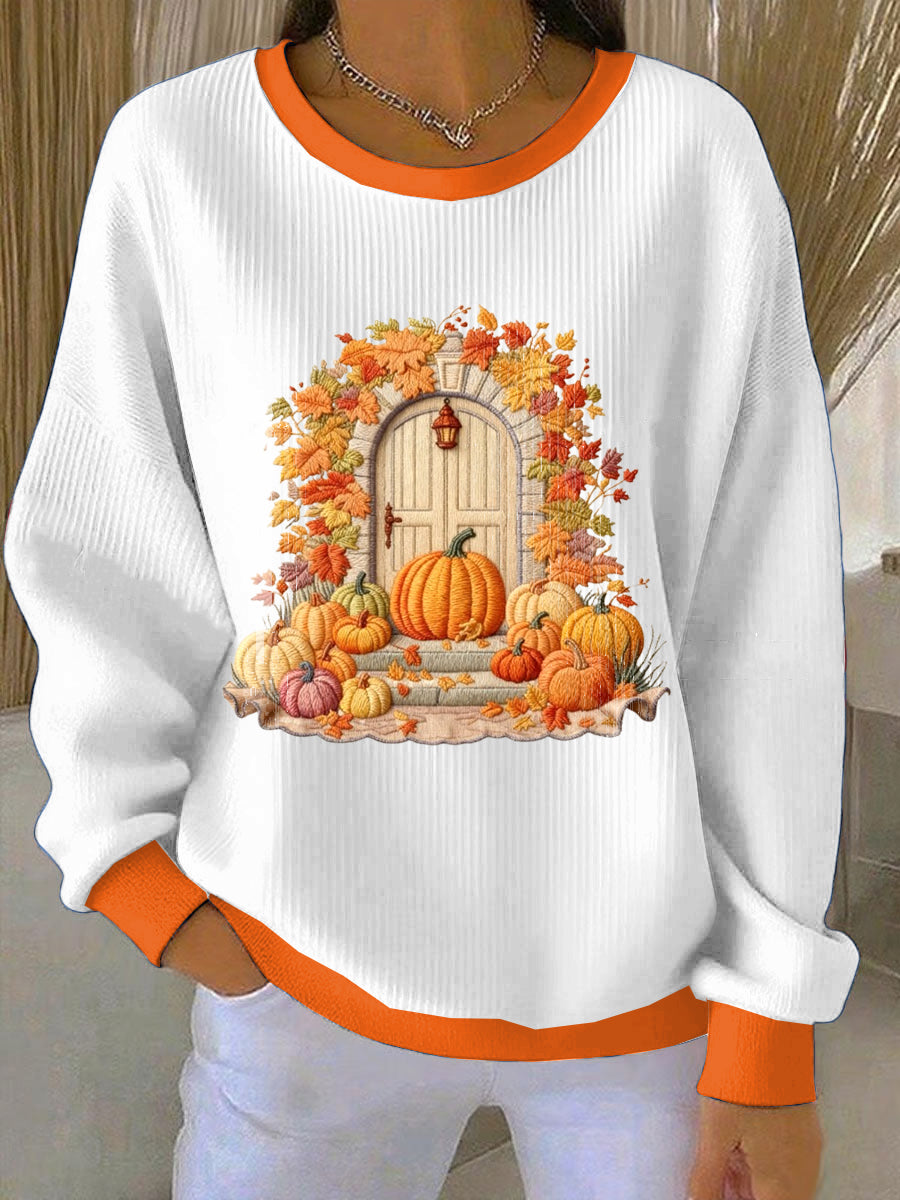 Women's Thanksgiving Pumpkin Embroidery Loose-Fit Crewneck Pullover