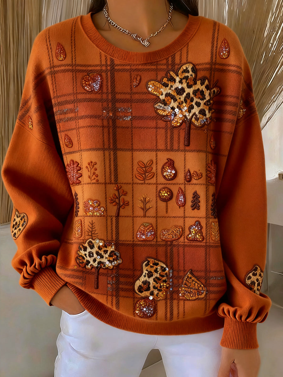 Women's Thanksgiving Vintage Leopard Print Autumn Leaf Pullover