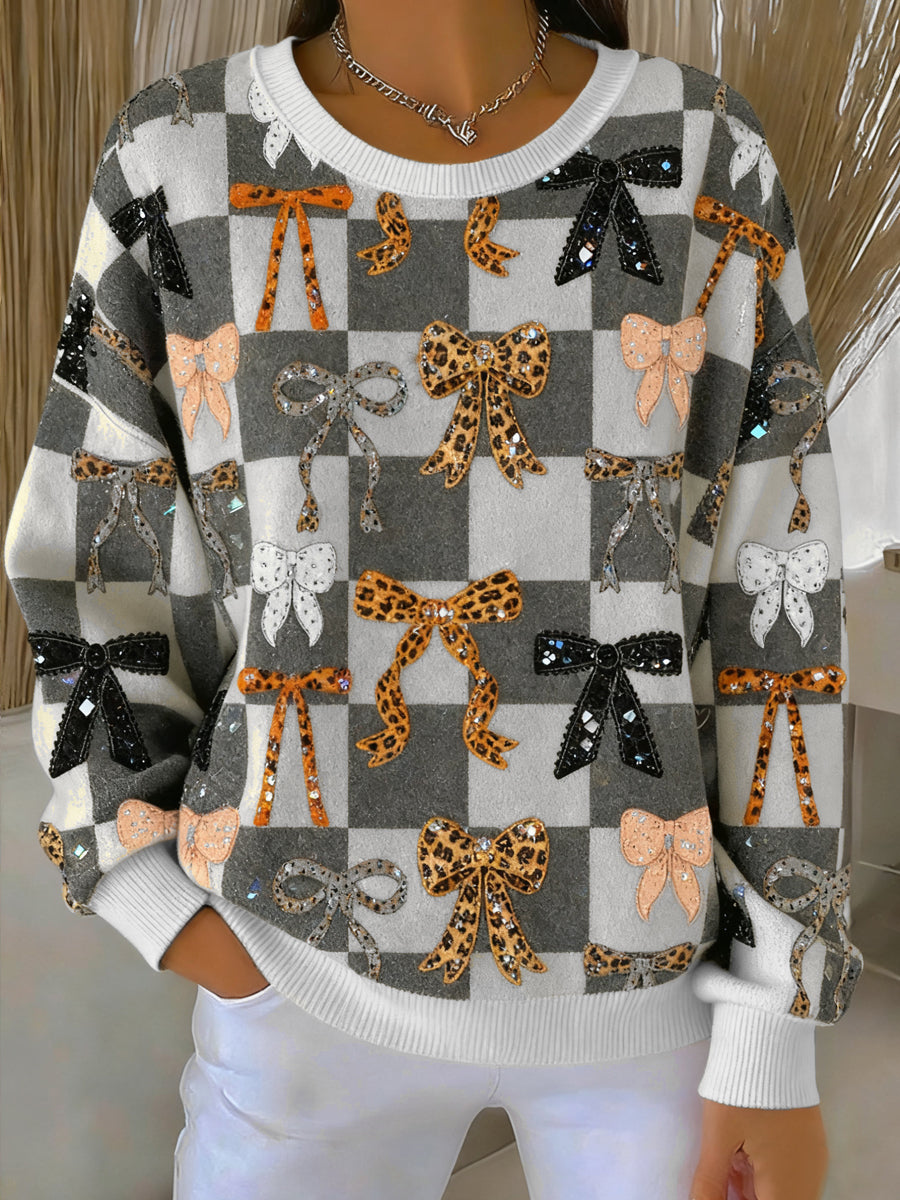 Women's Thanksgiving Vintage Leopard Print Bow Round Neck Pullover