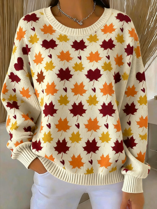 Women's Vintage Thanksgiving Colorful Maple Leaf Art V-Neck Top