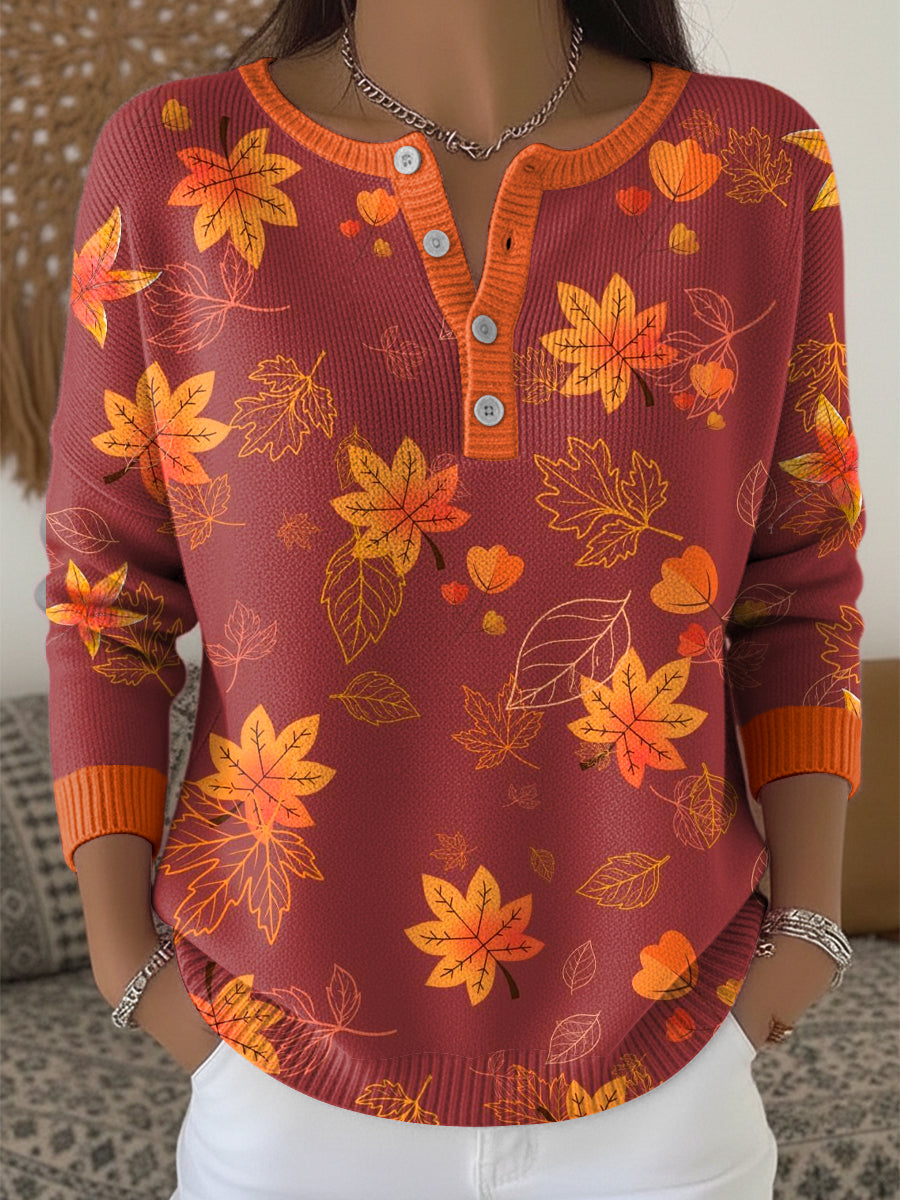 Women's Thanksgiving Vintage Maple Leaf Art V-Neck Top