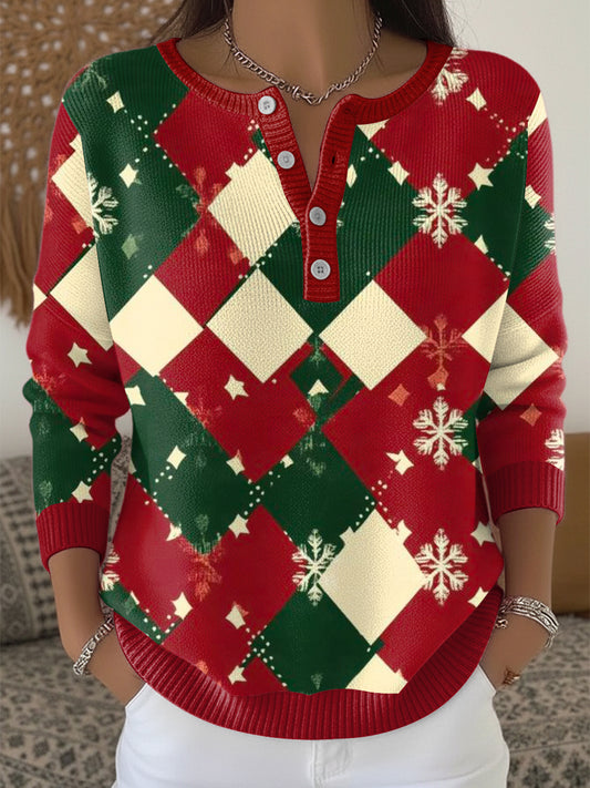 Women's Christmas Red and Green Diamond Pattern Henley neck sweater