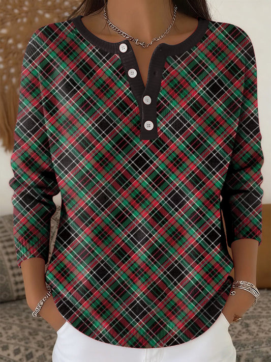 Women's Retro Christmas Tartan Art Print Long-sleeve Sweater