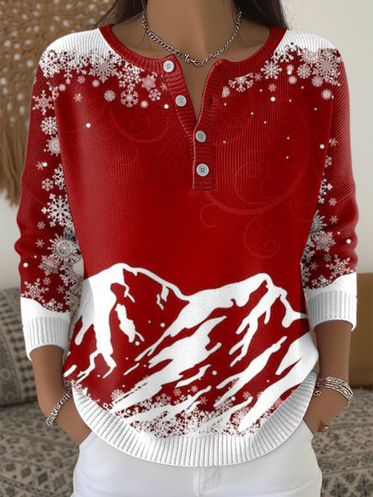 Women's Christmas Snow Mountain Henley neck sweater