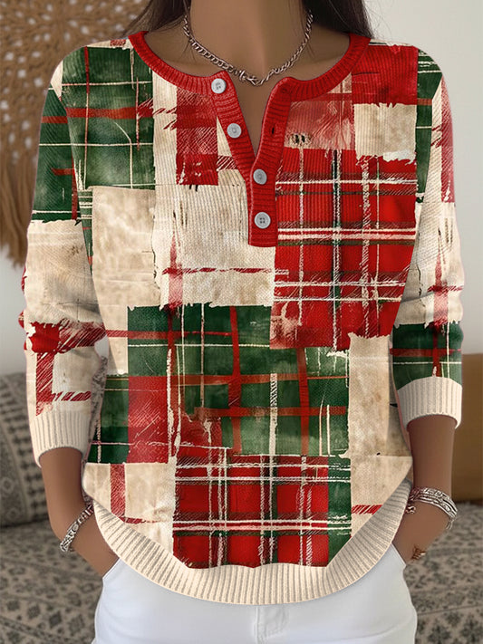 Women's Vintage Christmas Patchwork Henley neck sweater