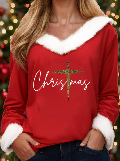 Women's Merry Christmas Christmas Cross Print Casual Fur-Collar Top