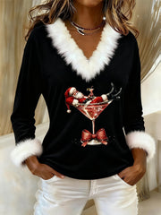 Women’s Santa Claus sitting on a red wine glass printed fur collar top Black / S