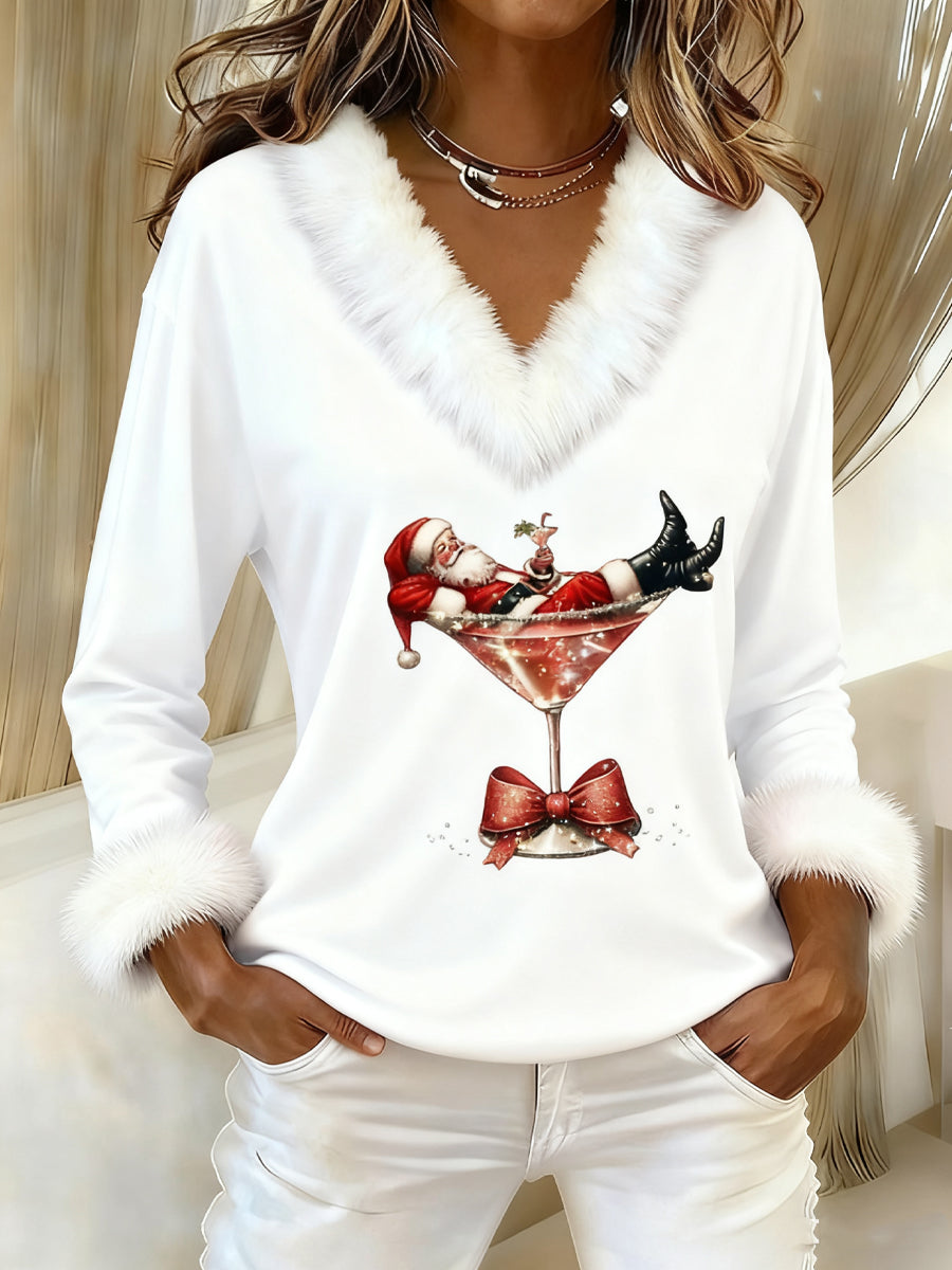 Women’s Santa Claus sitting on a red wine glass printed fur collar top White / S