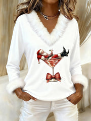 Women’s Santa Claus sitting on a red wine glass printed fur collar top White / S